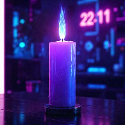 The primary subject of the image is a lit purple candle placed on a table. The setting is a dark room with a purple background, creating a moody atmosphere. The visual style is a photo, capturing the candle's glow and the surrounding environment. The colors and mood of the image are predominantly purple, with the candle's flame adding a warm and inviting touch to the scene.